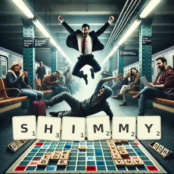 Illustration créative d'un jeu de lettres avec le mot SHIMMY épelé sur le plateau.