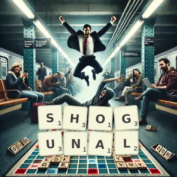 Illustration créative d'un jeu de lettres avec le mot SHOGUNAL épelé sur le plateau.