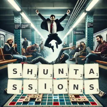Illustration créative d'un jeu de lettres avec le mot SHUNTASSIONS épelé sur le plateau.