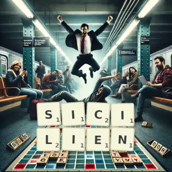 Illustration créative d'un jeu de lettres avec le mot SICILIEN épelé sur le plateau.