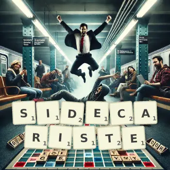 Illustration créative d'un jeu de lettres avec le mot SIDECARISTE épelé sur le plateau.