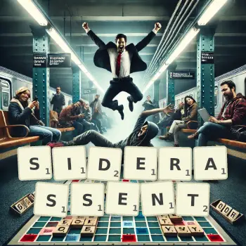 Illustration créative d'un jeu de lettres avec le mot SIDERASSENT épelé sur le plateau.