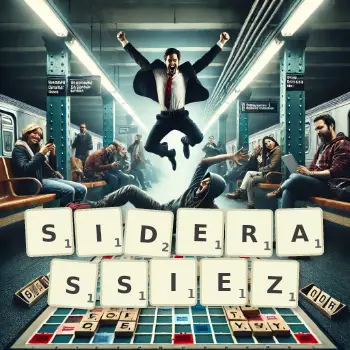 Illustration créative d'un jeu de lettres avec le mot SIDERASSIEZ épelé sur le plateau.