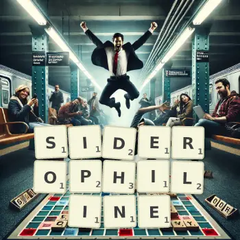 Illustration créative d'un jeu de lettres avec le mot SIDEROPHILINE épelé sur le plateau.