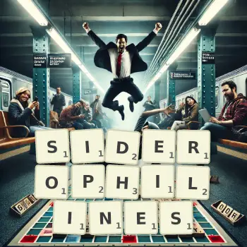 Illustration créative d'un jeu de lettres avec le mot SIDEROPHILINES épelé sur le plateau.