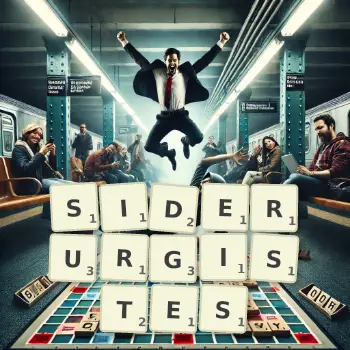 Illustration créative d'un jeu de lettres avec le mot SIDERURGISTES épelé sur le plateau.