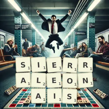 Illustration créative d'un jeu de lettres avec le mot SIERRALEONAIS épelé sur le plateau.