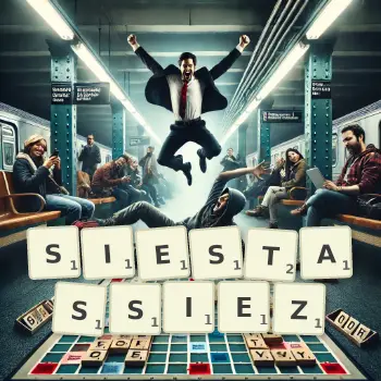 Illustration créative d'un jeu de lettres avec le mot SIESTASSIEZ épelé sur le plateau.