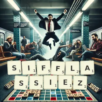 Illustration créative d'un jeu de lettres avec le mot SIFFLASSIEZ épelé sur le plateau.