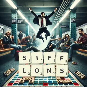 Illustration créative d'un jeu de lettres avec le mot SIFFLONS épelé sur le plateau.