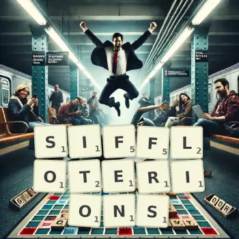 Illustration créative d'un jeu de lettres avec le mot SIFFLOTERIONS épelé sur le plateau.