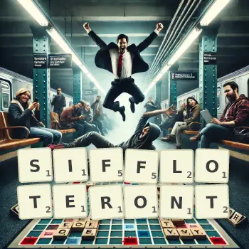 Illustration créative d'un jeu de lettres avec le mot SIFFLOTERONT épelé sur le plateau.