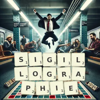 Illustration créative d'un jeu de lettres avec le mot SIGILLOGRAPHIE épelé sur le plateau.