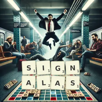 Illustration créative d'un jeu de lettres avec le mot SIGNALAS épelé sur le plateau.