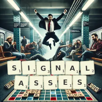 Illustration créative d'un jeu de lettres avec le mot SIGNALASSES épelé sur le plateau.