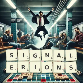 Illustration créative d'un jeu de lettres avec le mot SIGNALERIONS épelé sur le plateau.