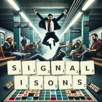 Illustration créative d'un jeu de lettres avec le mot SIGNALISONS épelé sur le plateau.