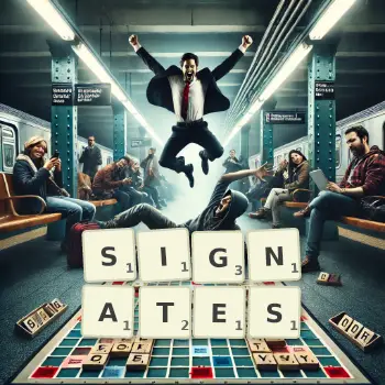 Illustration créative d'un jeu de lettres avec le mot SIGNATES épelé sur le plateau.