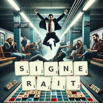 Illustration créative d'un jeu de lettres avec le mot SIGNERAIT épelé sur le plateau.