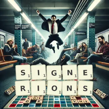 Illustration créative d'un jeu de lettres avec le mot SIGNERIONS épelé sur le plateau.