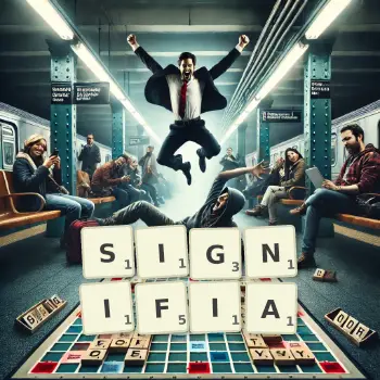 Illustration créative d'un jeu de lettres avec le mot SIGNIFIA épelé sur le plateau.