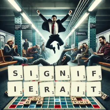 Illustration créative d'un jeu de lettres avec le mot SIGNIFIERAIT épelé sur le plateau.