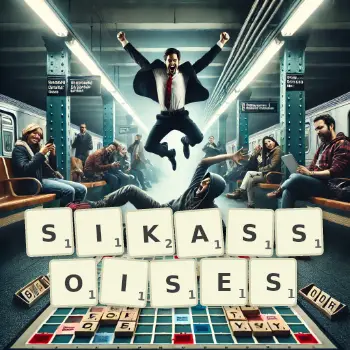 Illustration créative d'un jeu de lettres avec le mot SIKASSOISES épelé sur le plateau.