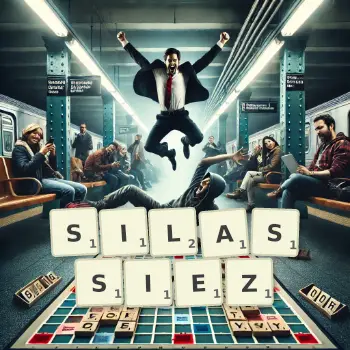 Illustration créative d'un jeu de lettres avec le mot SILASSIEZ épelé sur le plateau.