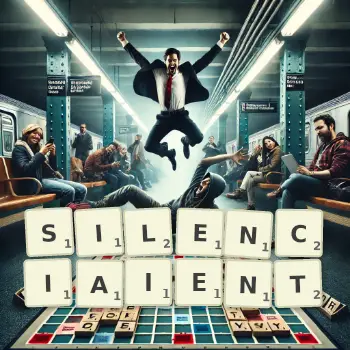 Illustration créative d'un jeu de lettres avec le mot SILENCIAIENT épelé sur le plateau.