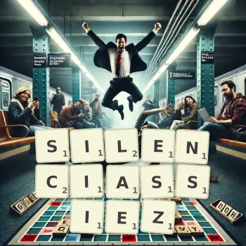 Illustration créative d'un jeu de lettres avec le mot SILENCIASSIEZ épelé sur le plateau.
