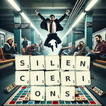 Illustration créative d'un jeu de lettres avec le mot SILENCIERIONS épelé sur le plateau.