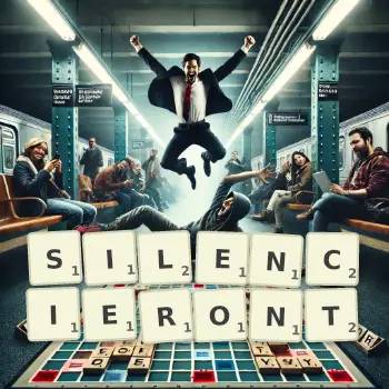 Illustration créative d'un jeu de lettres avec le mot SILENCIERONT épelé sur le plateau.