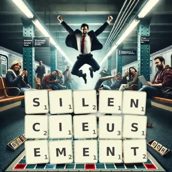 Illustration créative d'un jeu de lettres avec le mot SILENCIEUSEMENT épelé sur le plateau.