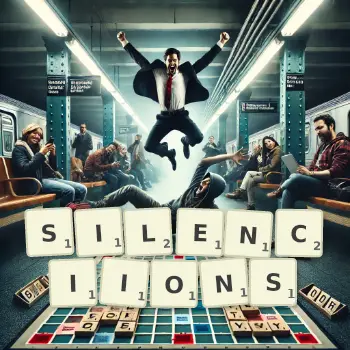 Illustration créative d'un jeu de lettres avec le mot SILENCIIONS épelé sur le plateau.