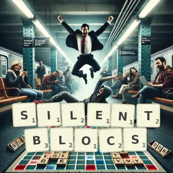 Illustration créative d'un jeu de lettres avec le mot SILENTBLOCS épelé sur le plateau.