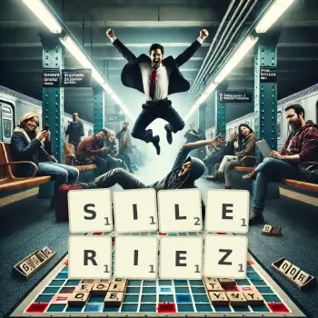 Illustration créative d'un jeu de lettres avec le mot SILERIEZ épelé sur le plateau.