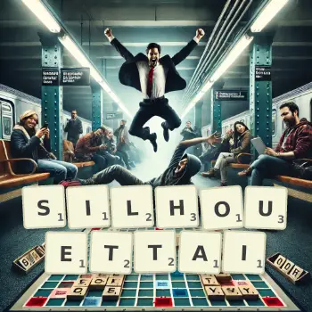 Illustration créative d'un jeu de lettres avec le mot SILHOUETTAI épelé sur le plateau.