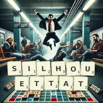 Illustration créative d'un jeu de lettres avec le mot SILHOUETTAT épelé sur le plateau.