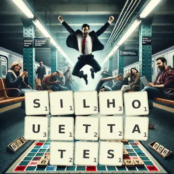 Illustration créative d'un jeu de lettres avec le mot SILHOUETTATES épelé sur le plateau.
