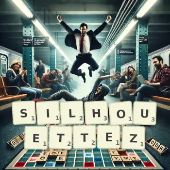 Illustration créative d'un jeu de lettres avec le mot SILHOUETTEZ épelé sur le plateau.