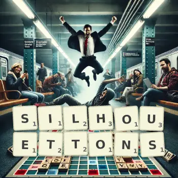 Illustration créative d'un jeu de lettres avec le mot SILHOUETTONS épelé sur le plateau.