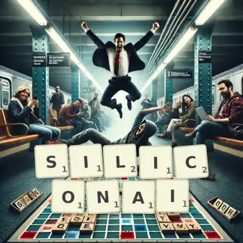 Illustration créative d'un jeu de lettres avec le mot SILICONAI épelé sur le plateau.