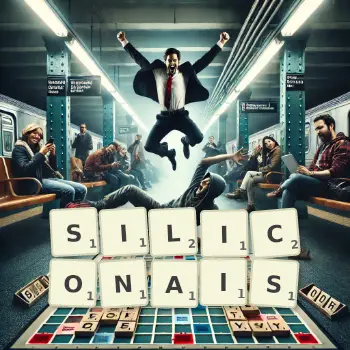 Illustration créative d'un jeu de lettres avec le mot SILICONAIS épelé sur le plateau.