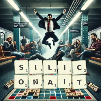 Illustration créative d'un jeu de lettres avec le mot SILICONAIT épelé sur le plateau.