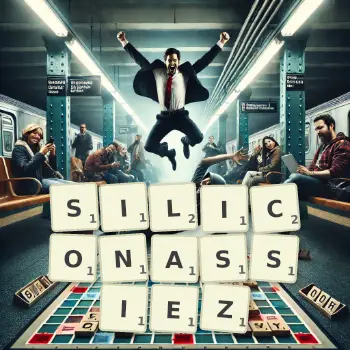 Illustration créative d'un jeu de lettres avec le mot SILICONASSIEZ épelé sur le plateau.