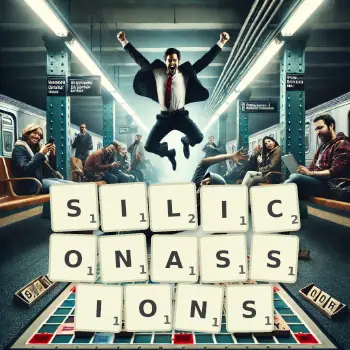 Illustration créative d'un jeu de lettres avec le mot SILICONASSIONS épelé sur le plateau.