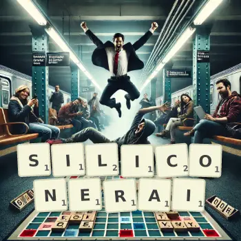 Illustration créative d'un jeu de lettres avec le mot SILICONERAI épelé sur le plateau.