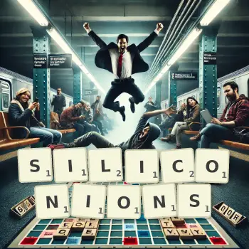 Illustration créative d'un jeu de lettres avec le mot SILICONIONS épelé sur le plateau.