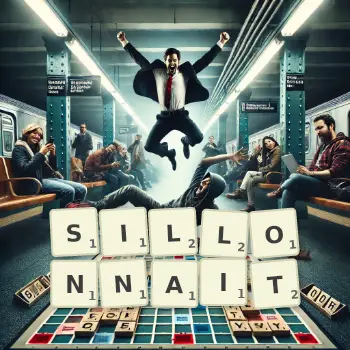 Illustration créative d'un jeu de lettres avec le mot SILLONNAIT épelé sur le plateau.