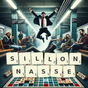 Illustration créative d'un jeu de lettres avec le mot SILLONNASSE épelé sur le plateau.